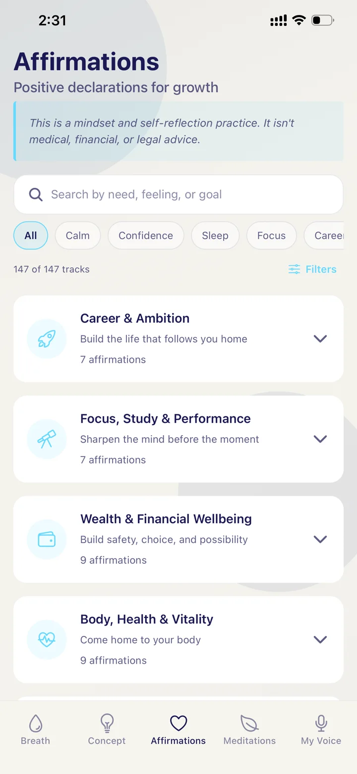 Affirmations organized by life area