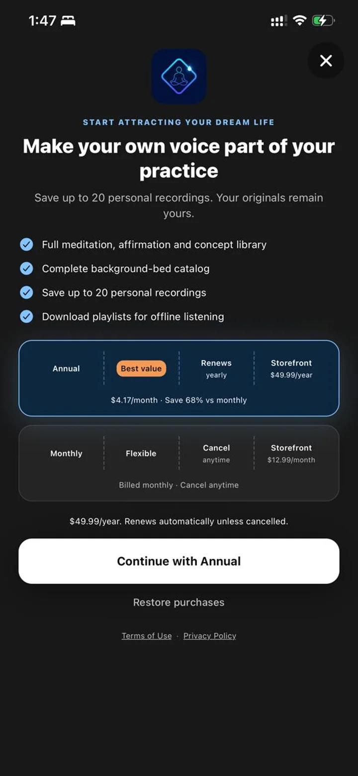 Supplied annual-selected Premium paywall showing US reference prices and current Premium inclusions.