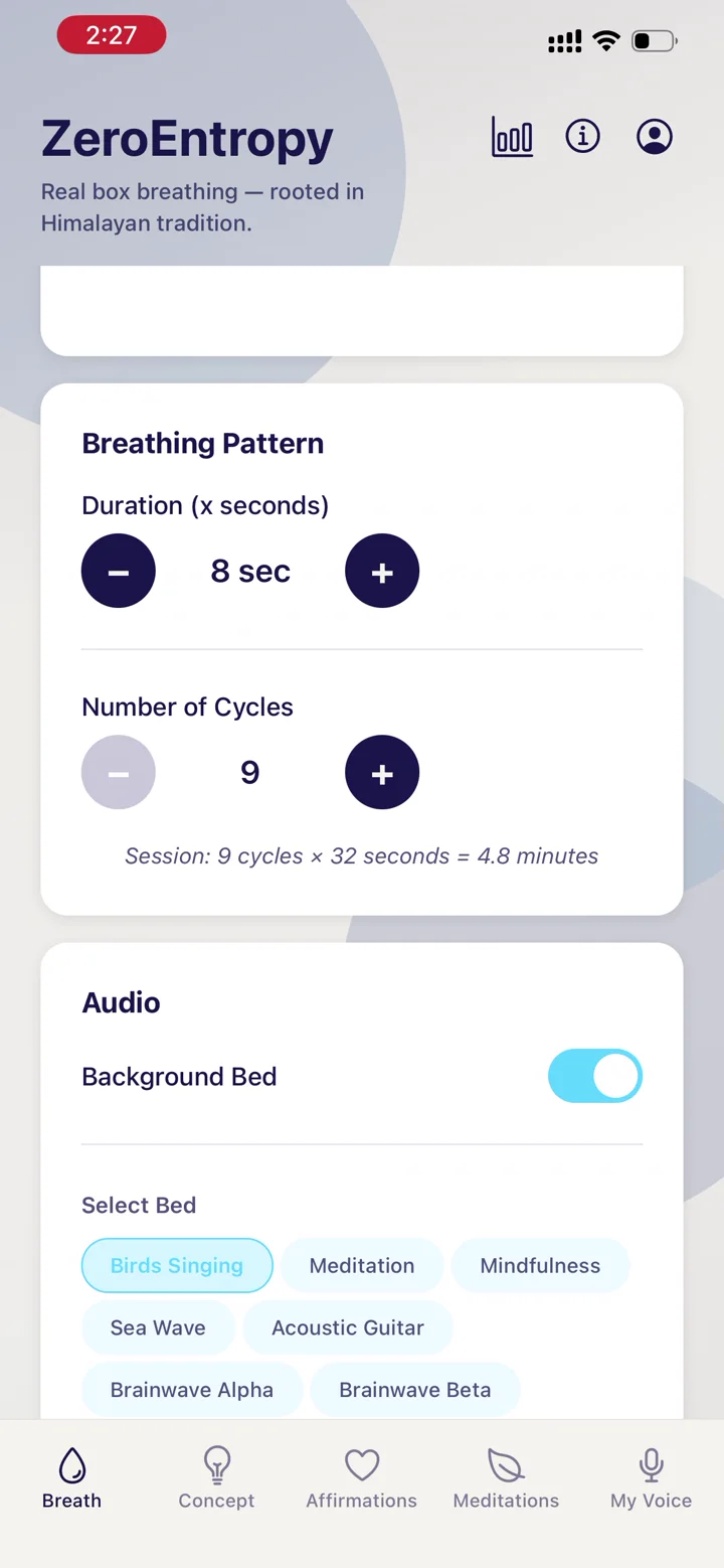 ZeroEntropy Quad Breath settings showing duration, number of cycles, audio, voice callouts, and haptic feedback.
